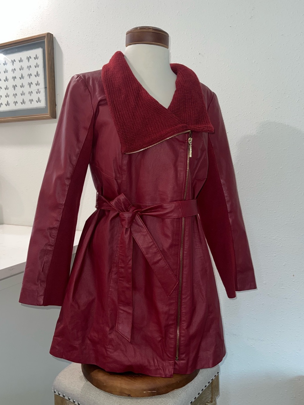 IMAN Red Genuine Leather Belted Trench Coat - Picture 2 of 5